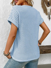 Striped Notched Short Sleeve T-Shirt - kinko