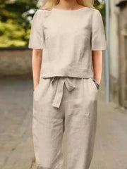 Full Size Round Neck Short Sleeve Top and Pants Set Plus Size - kinko
