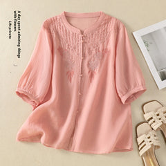 Artistic Retro Embroidery Five-quarter Sleeve Stand Collar Shirt For Women - kinko