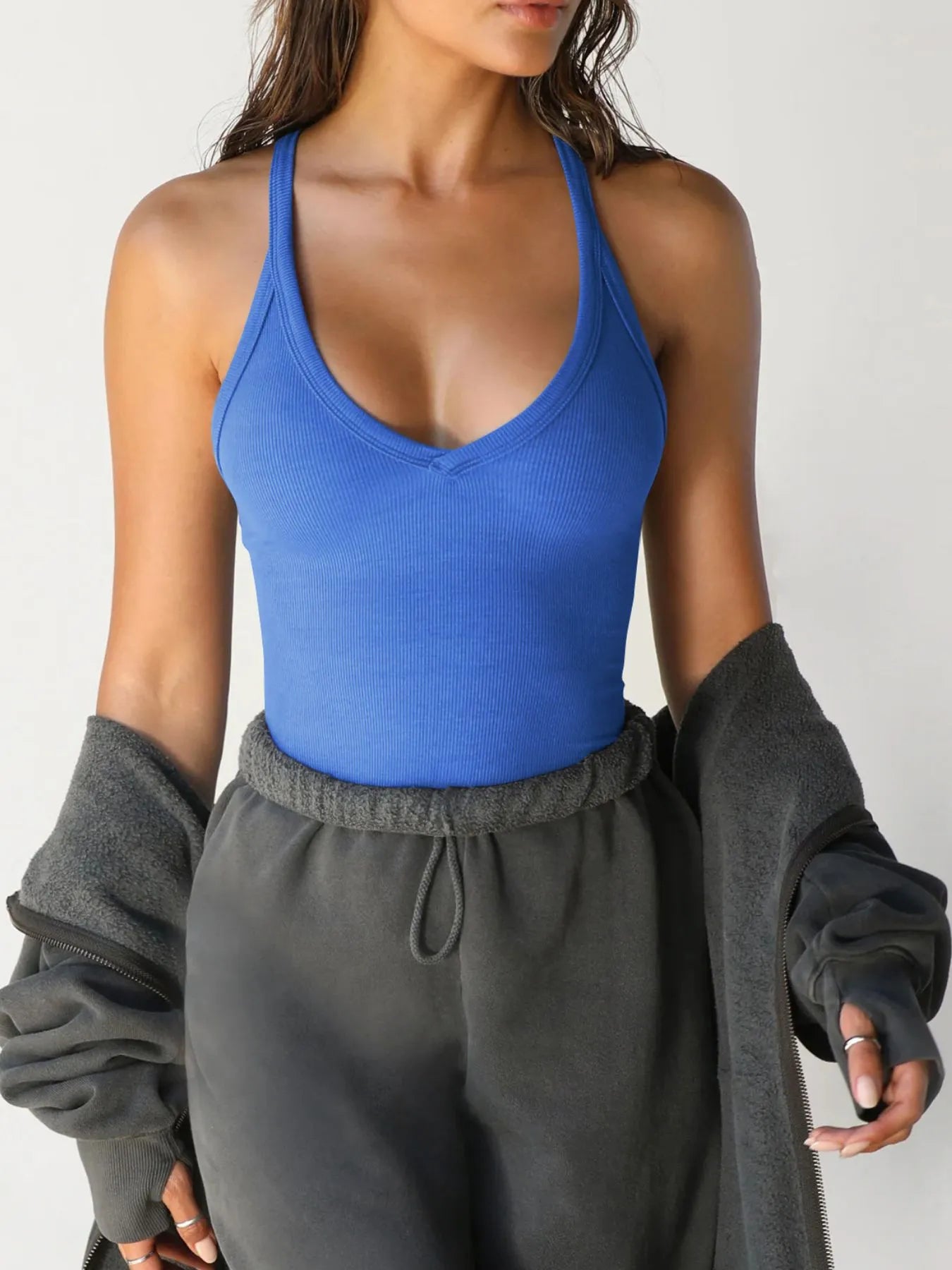 Ribbed V-Neck Halter Tank Top - kinko
