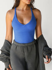 Ribbed V-Neck Halter Tank Top - kinko