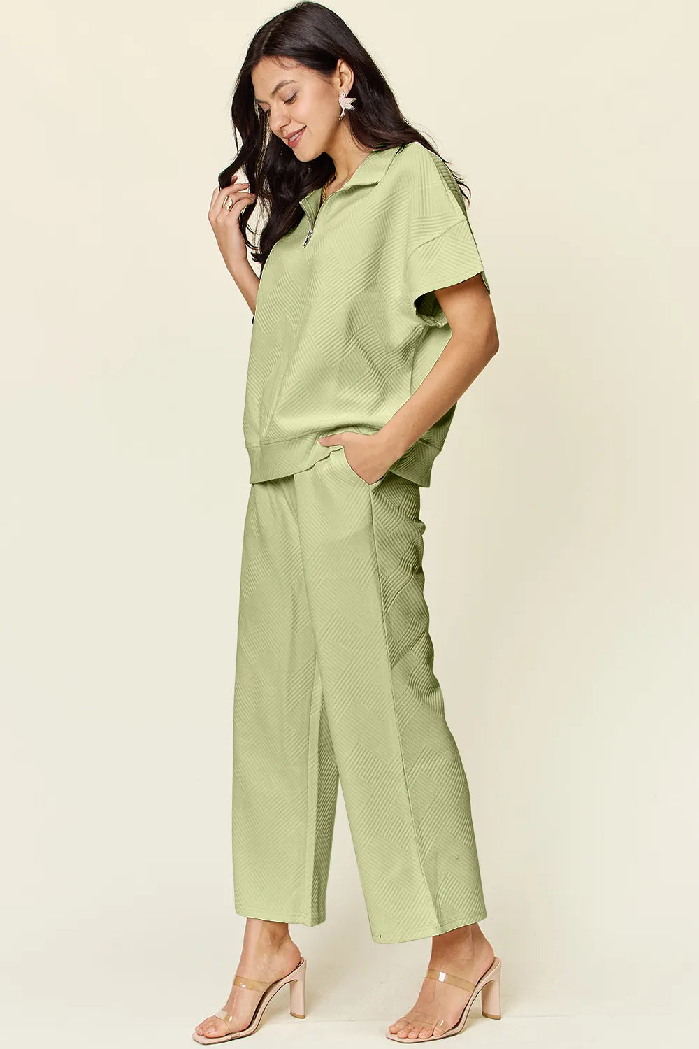 Double Take Full Size Texture Half Zip Short Sleeve Top and Pants Set - kinko