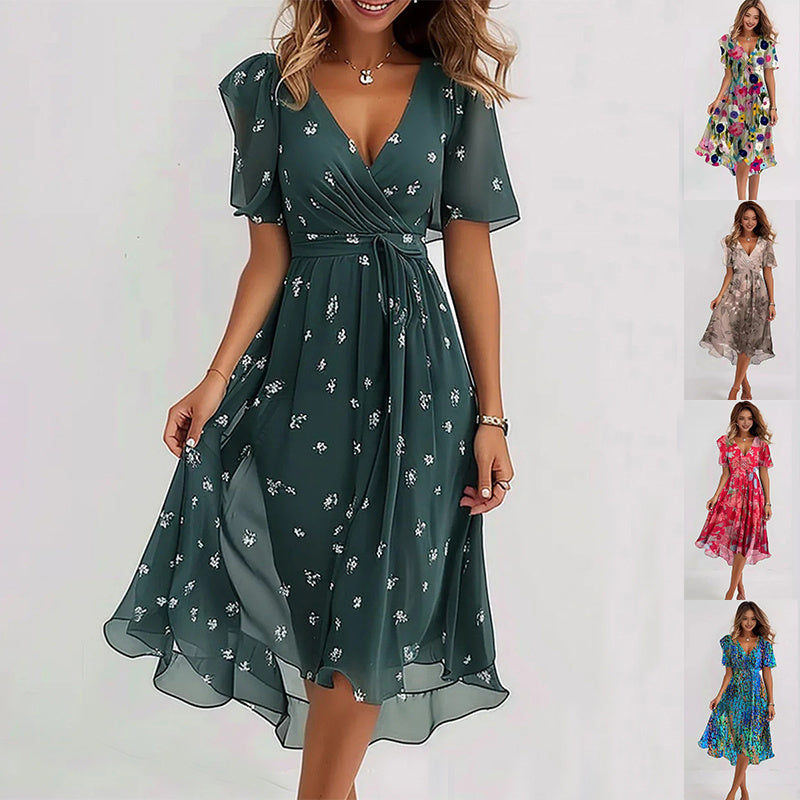 Chiffon Printed Short Sleeve Dress Summer Elegant V-neck Dresses Womens Clothing - kinko