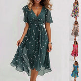 Chiffon Printed Short Sleeve Dress Summer Elegant V-neck Dresses Womens Clothing - kinko