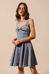 SO ME Mineral Washed Bow Ribbon Denim Flare Dress - kinko