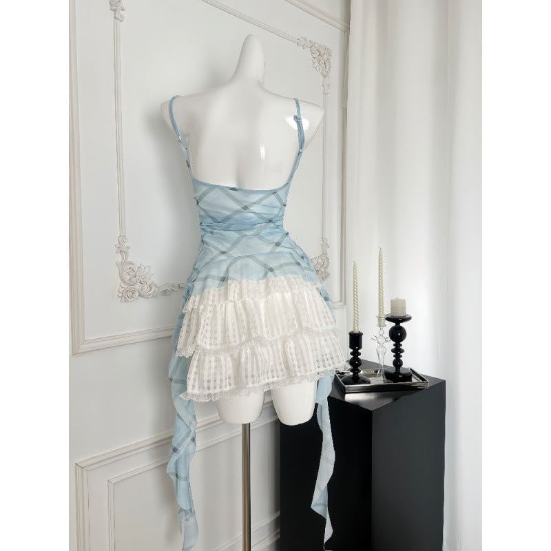 Blue Suit Mesh Stretch Slim Strap Top Lace Cake Dress - kinko