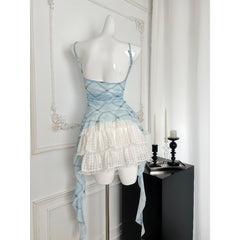 Blue Suit Mesh Stretch Slim Strap Top Lace Cake Dress - kinko