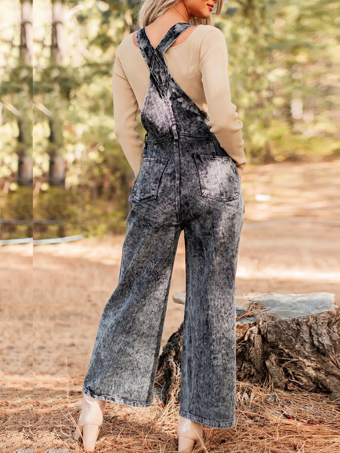 Vintage Washed Wide Leg Denim Overalls with Front Pockets - kinko