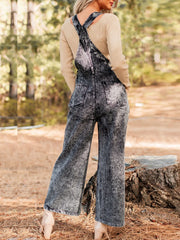 Vintage Washed Wide Leg Denim Overalls with Front Pockets - kinko