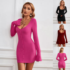 Fashion Single-breasted U-neck Long-sleeved Dress Sexy Slim Hip-hugging Short Dresses Womens Clothing - kinko