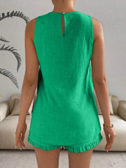 Lace Detail Round Neck Tank and Shorts Set - kinko