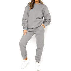 Crew Neck Pullover Sweatshirt Fleece-lined Fashion Casual Sweater Sweatpants Two-piece Set - kinko