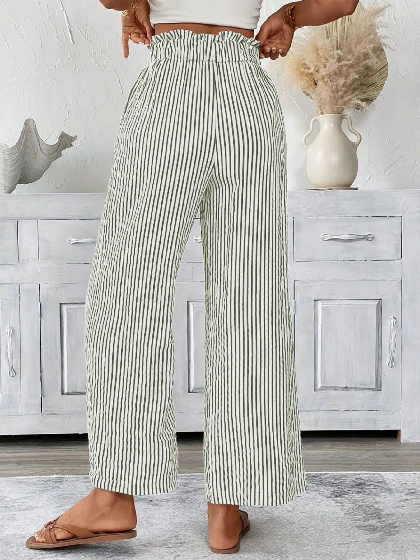 Full Size Striped Wide Leg Paper Bag Pants Plus Size - kinko