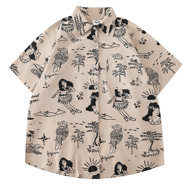 Women's Design Retro Hong Kong Style Printed Short-sleeved Shirt - kinko