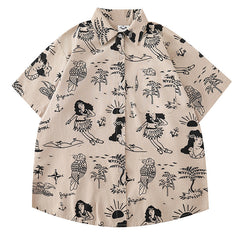 Women's Design Retro Hong Kong Style Printed Short-sleeved Shirt - kinko