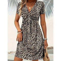 Women's Vibrant Leopard Print Twist Front V Neck Casual Summer Short Sleeve Bodycon Mini Dresses - kinko