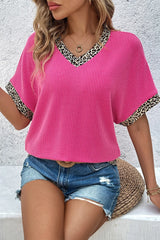 V-Neck Leopard Trim Ribbed Blouse - kinko
