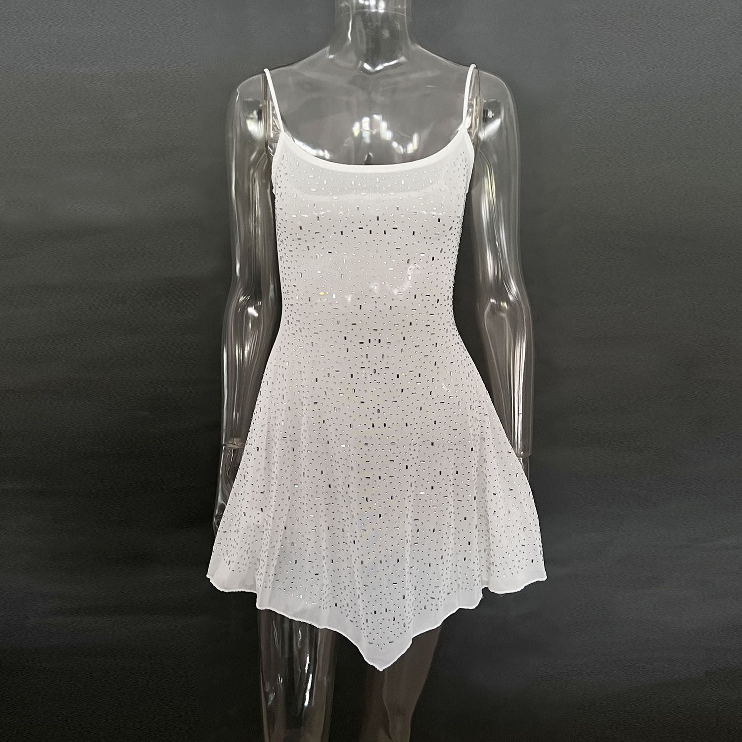 Trendy Rhinestone Sheer Party Dress - Women's Sexy Mini - kinko