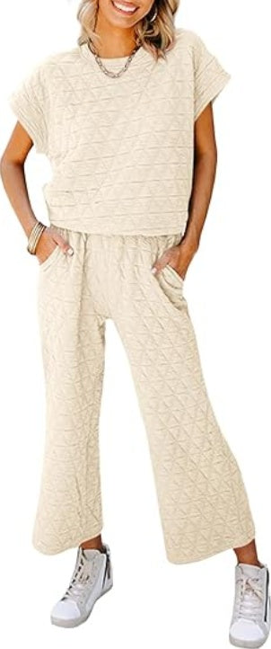 Fazortev Women's 2 Piece Outfits Quilted Lightweight Short Sleeve Tops And Cropped Pants Lounge Set - kinko