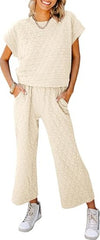 Fazortev Women's 2 Piece Outfits Quilted Lightweight Short Sleeve Tops And Cropped Pants Lounge Set - kinko