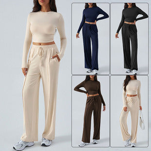 Tether Solid Color Waist Tight Fashion Wide Leg Casual Trousers Suit - kinko