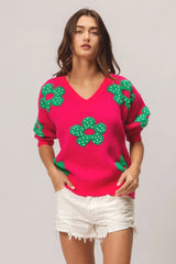 BiBi Pearl Beads Flowers Sweater Top - kinko