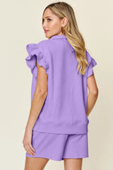 Double Take Full Size Texture Flounce Sleeve Top and Drawstring Shorts Set - kinko