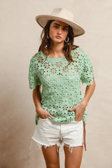 BiBi Openwork Crochet Short Sleeve Knit Top - kinko