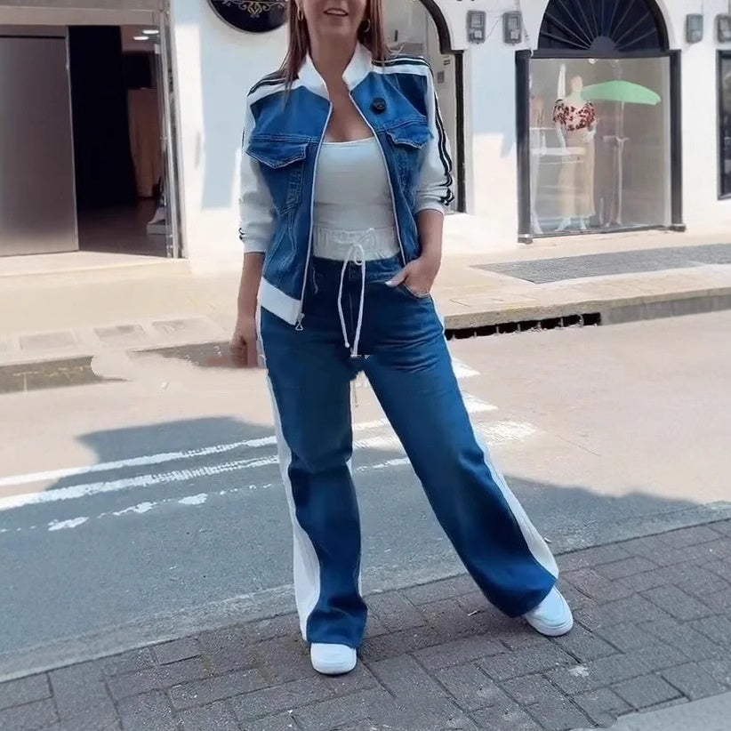 Women's Fashion Denim Stitching Long-sleeve Zipper Two-piece Set - kinko