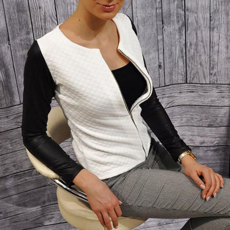 Female Outwear PU Leather Patchwork Spring Autumn Plaid Women Thin Coats Short Jackets Casual Slim Blazers Suit Cardigans - kinko