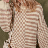 Khaki Stripe Checkerboard Drop Shoulder Balloon Sleeve Sweater - kinko