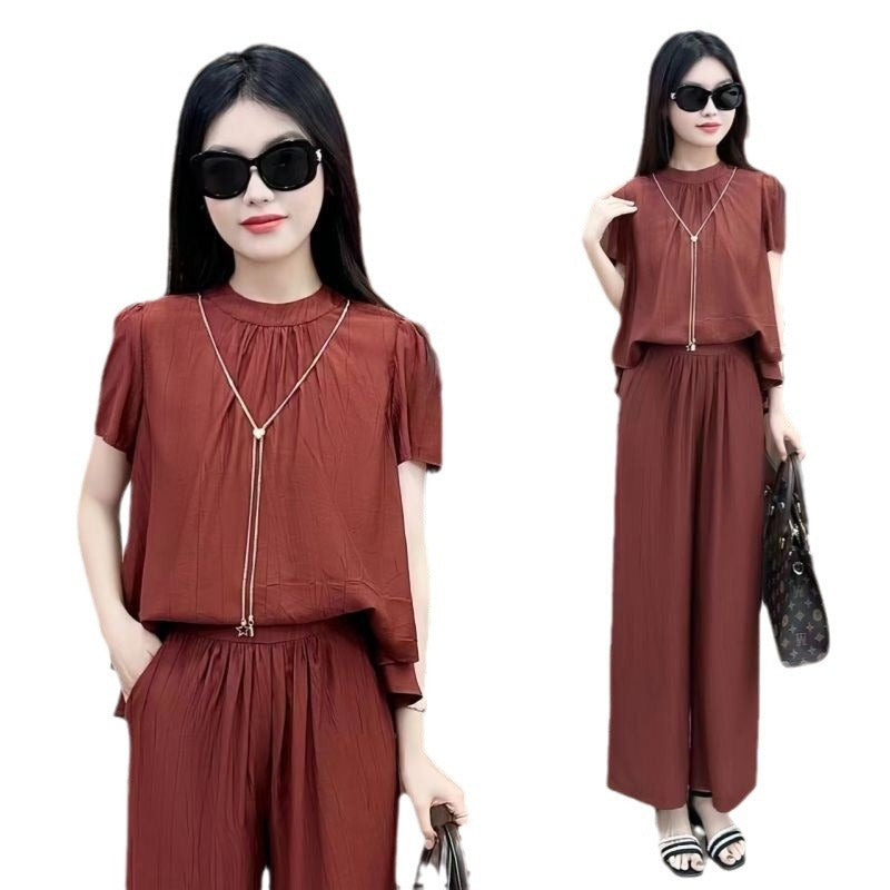 Loose Temperament Short-sleeved Wide-leg Pants Two-piece Set - kinko