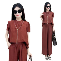 Loose Temperament Short-sleeved Wide-leg Pants Two-piece Set - kinko