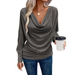 Women's V-neck Pile Collar Solid Color Knitted Long Sleeve Loose T-shirt - kinko