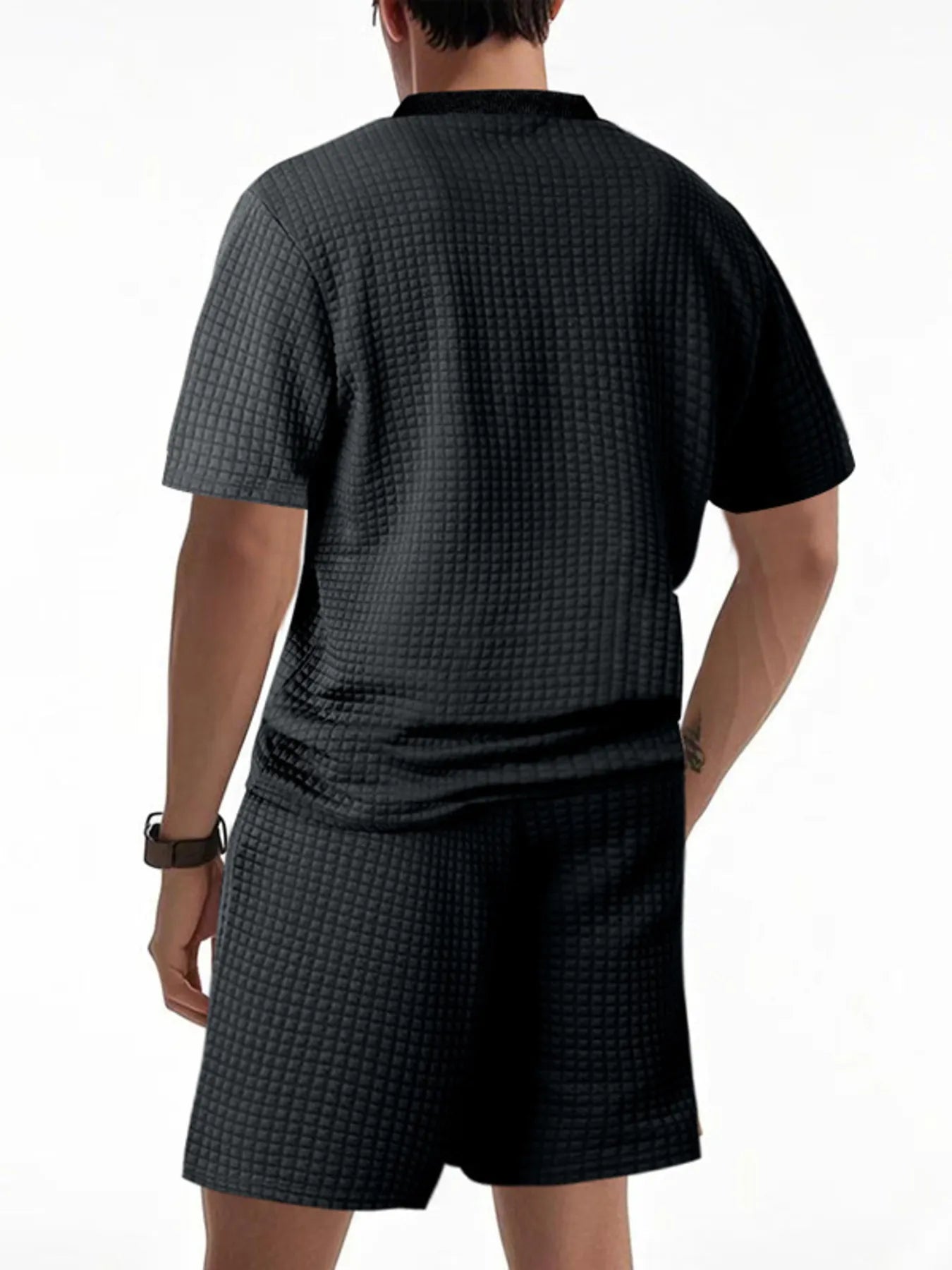 Men's Full Size Textured Round Neck Top and Shorts Set Plus SIze - kinko