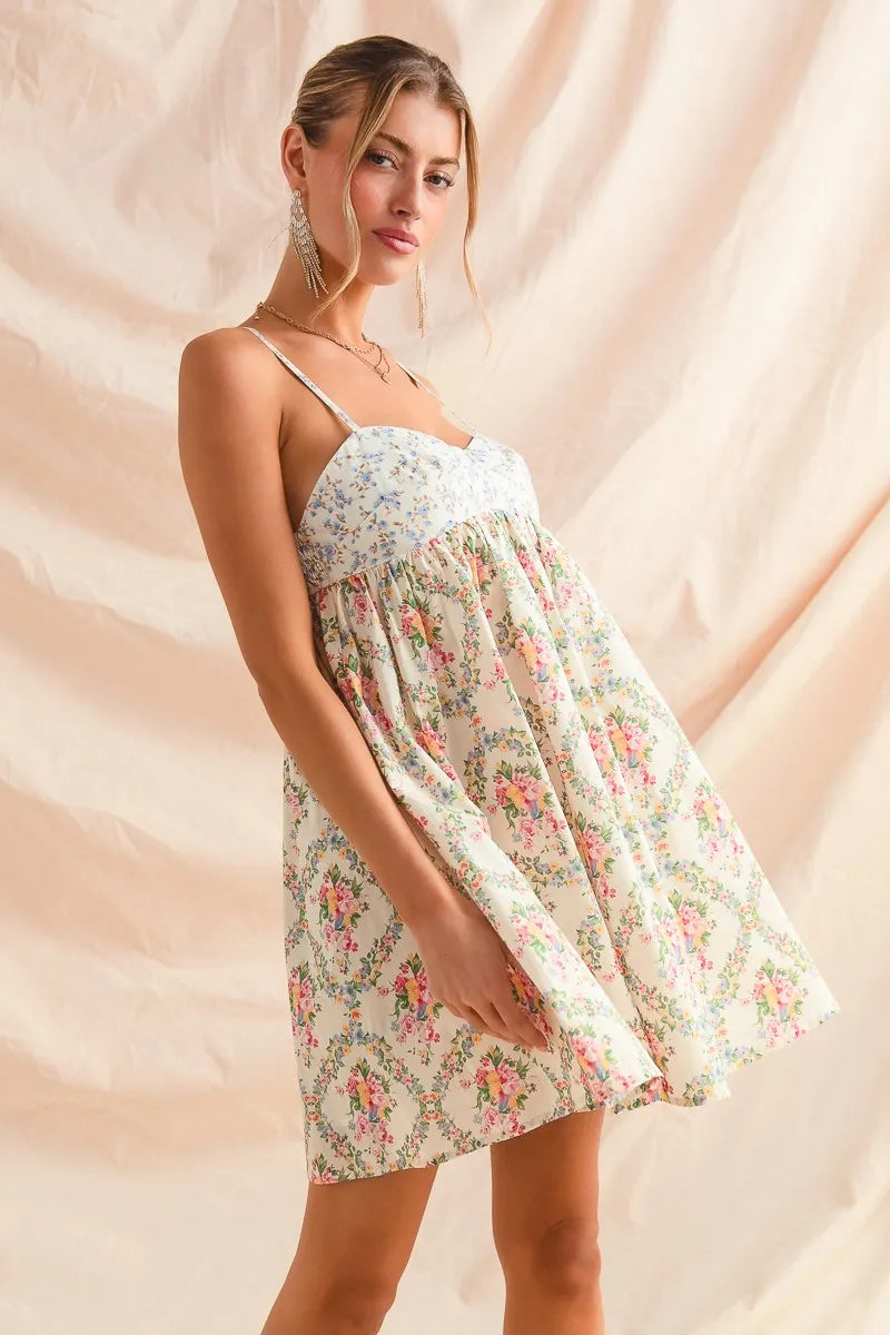 SO ME Mixed Floral Print Sleeveless Mini Dress - kinko