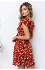 Design V-neck Tropical Print Ruffle Dress