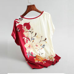 Fashion Floral Print Shirt Silk Satin Plus Size Bat Sleeve Retro Casual Short-sleeved Top