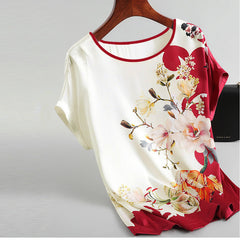 Fashion Floral Print Shirt Silk Satin Plus Size Bat Sleeve Retro Casual Short-sleeved Top