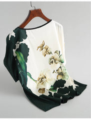 Fashion Floral Print Shirt Silk Satin Plus Size Bat Sleeve Retro Casual Short-sleeved Top