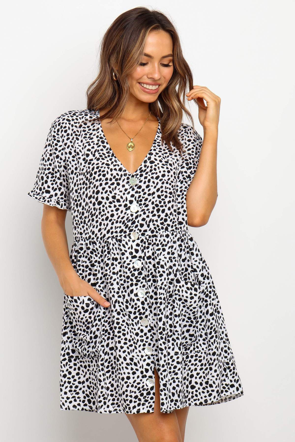 Summer Women Mini Dresses Spring Short Sleeve Dot Printed - kinko