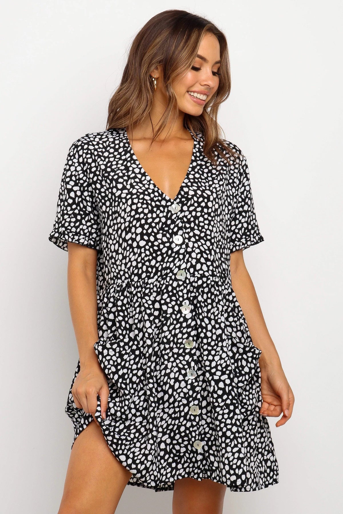 Summer Women Mini Dresses Spring Short Sleeve Dot Printed - kinko