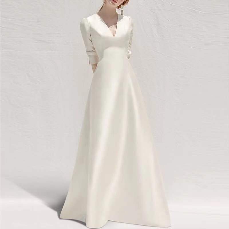 Ladies Style White Dress Satin Surface Was Thin And High French Temperament Dress Long Skirt - kinko