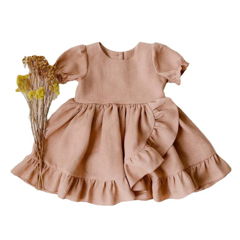 Girls' Dresses, Princess Dresses, Cotton And Linen Short-sleeved Ruffles - kinko