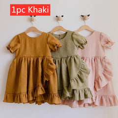 Girls' Dresses, Princess Dresses, Cotton And Linen Short-sleeved Ruffles - kinko