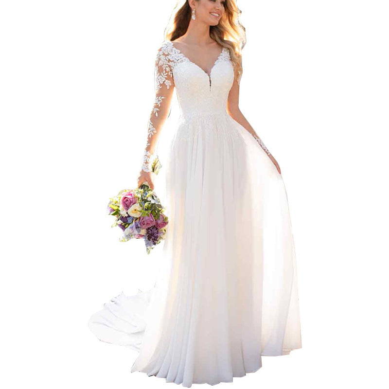 Sexy Backless Deep V-neck Wedding Dress Women White Evening Dress - kinko