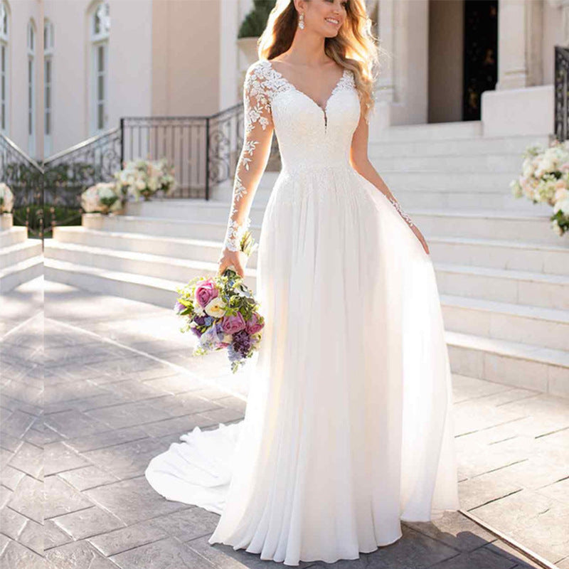 Sexy Backless Deep V-neck Wedding Dress Women White Evening Dress - kinko