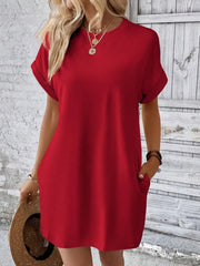 Pocketed Round Neck Short Sleeve Dress - kinko