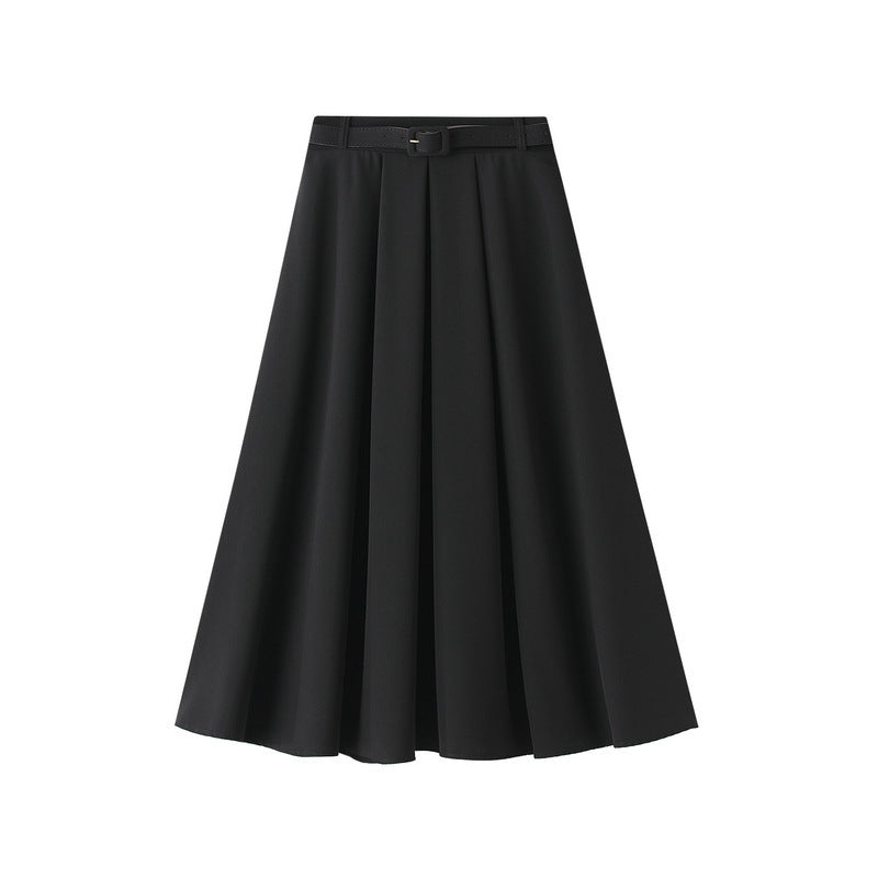 Retro High Waist A- Line Skirt Slimming Skirt Belt Attached - kinko