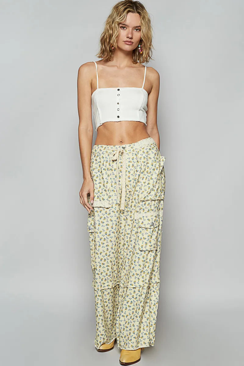 POL Floral Cargo Wide Leg Pants with Lace Drawstring - kinko